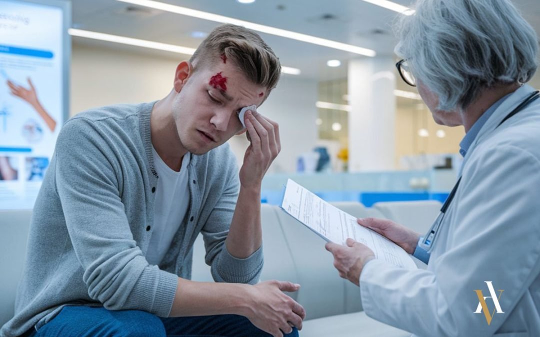 Hombre en un hospital con una lesion leve en la ceja, ha sido víctima de delito de lesiones leves. El juicio delito leve lesiones tiene sus peculiaridades la denuncia por lesiones leves debe ponerse ante la policia. Abogado experto en delito de lesiones