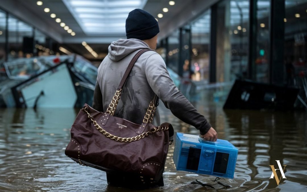 Una persona aprovecha que el centro comercial se encuentra vacío e inundado para saquearlo