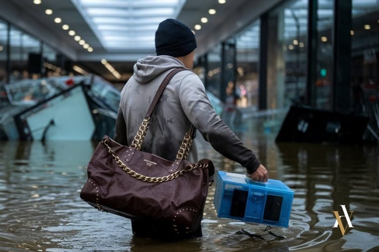 Una persona aprovecha que el centro comercial se encuentra vacío e inundado para saquearlo