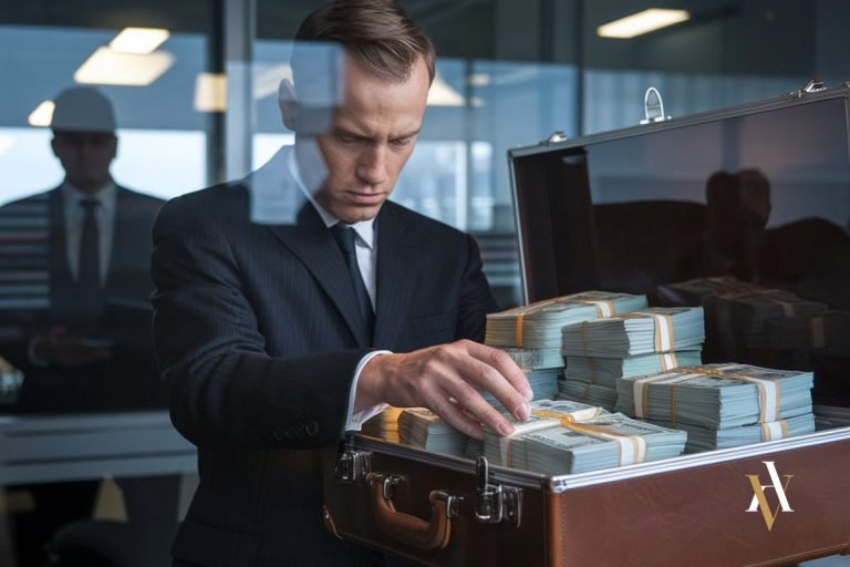 Hombre de negocios revisando maletín lleno de billetes. Representación de apropiación indebida y fraude financiero.