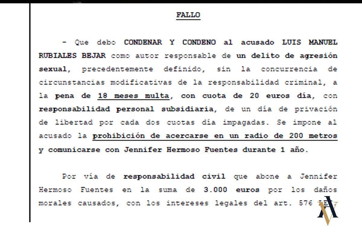 Caso beso Rubiales a Jenni Hermoso sentencia Fallo condenatorio Luis Rubailes por besar sin consentimiento a Jenni Hermoso