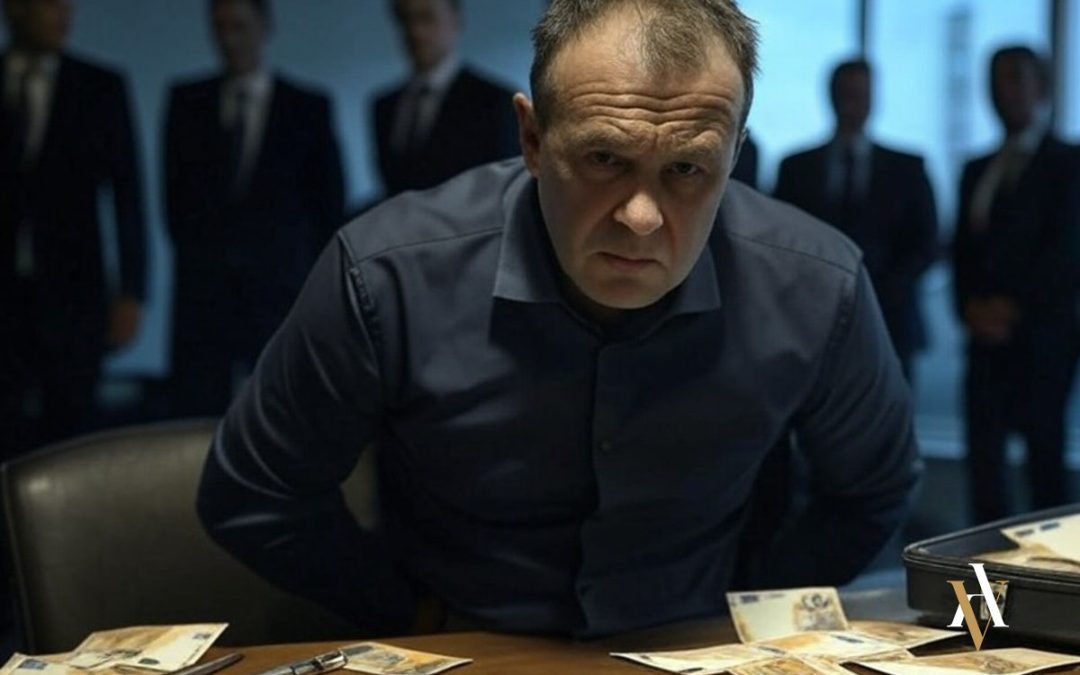 Hombre serio en una oficina oscura con billetes sobre la mesa, representando la continuidad delictiva en delitos patrimoniales como la estafa o la apropiación indebida.