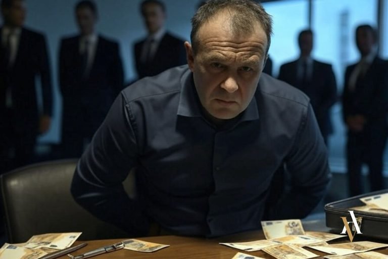 Hombre serio en una oficina oscura con billetes sobre la mesa, representando la continuidad delictiva en delitos patrimoniales como la estafa o la apropiación indebida.