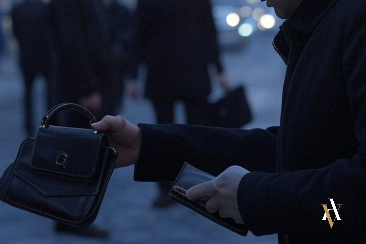 Abogado juicio hurto leve Fotografía de un hurto en vía pública, donde una persona vestida de oscuro sostiene un bolso y una cartera, sugiriendo la comisión de un delito leve. Esta imagen representa un posible juicio por delito leve, ya que los hurtos inferiores a 400 euros se consideran delitos leves según el Código Penal español.