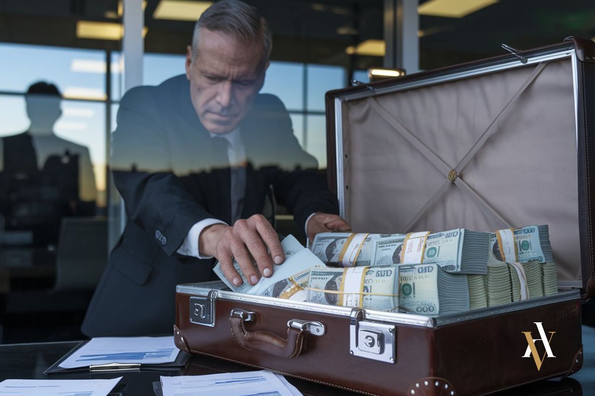 Maletín con billetes de euros, símbolo de un esquema de fraude financiero sujeto a delito continuado y administración desleal.