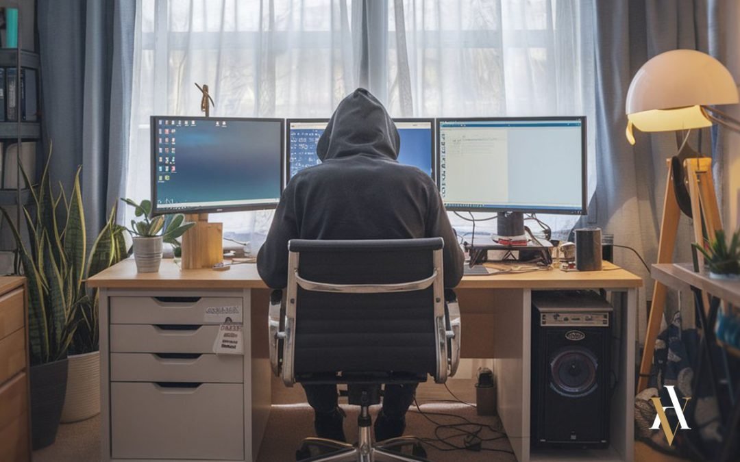 Persona con sudadera negra sentada frente a tres monitores en un entorno doméstico, manipulando información en una computadora, representando un posible ciberdelincuente involucrado en delitos informáticos como el spoofing.