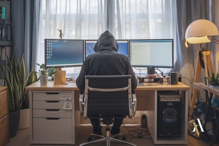 Persona con sudadera negra sentada frente a tres monitores en un entorno doméstico, manipulando información en una computadora, representando un posible ciberdelincuente involucrado en delitos informáticos como el spoofing.