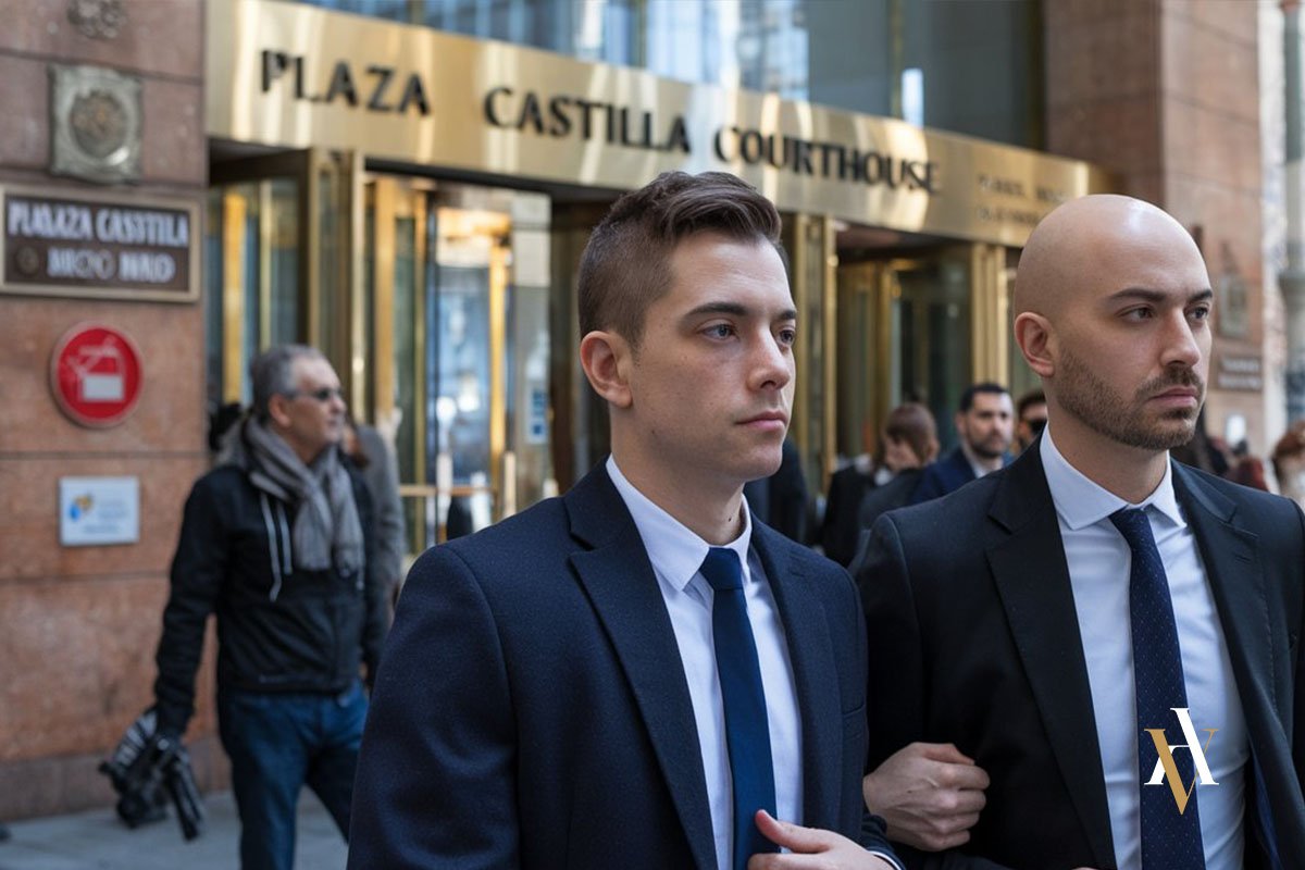 Cliente detenido por violencia de género acompañado de su abogado penal en los juzgados de Plaza Castilla