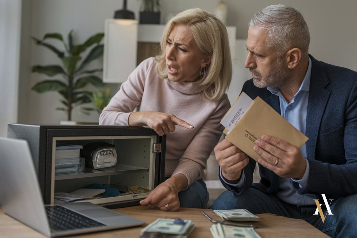 Excusa absolutoria de parentesco en conflictos económicos entre cónyuges Pareja discutiendo en casa sobre documentos y dinero en efectivo. La mujer señala una caja fuerte abierta mientras el hombre sostiene sobres con billetes. Representación de un conflicto económico entre familiares que puede derivar en una acusación por apropiación indebida. Un abogado especializado en delitos patrimoniales puede ayudar en estos casos.