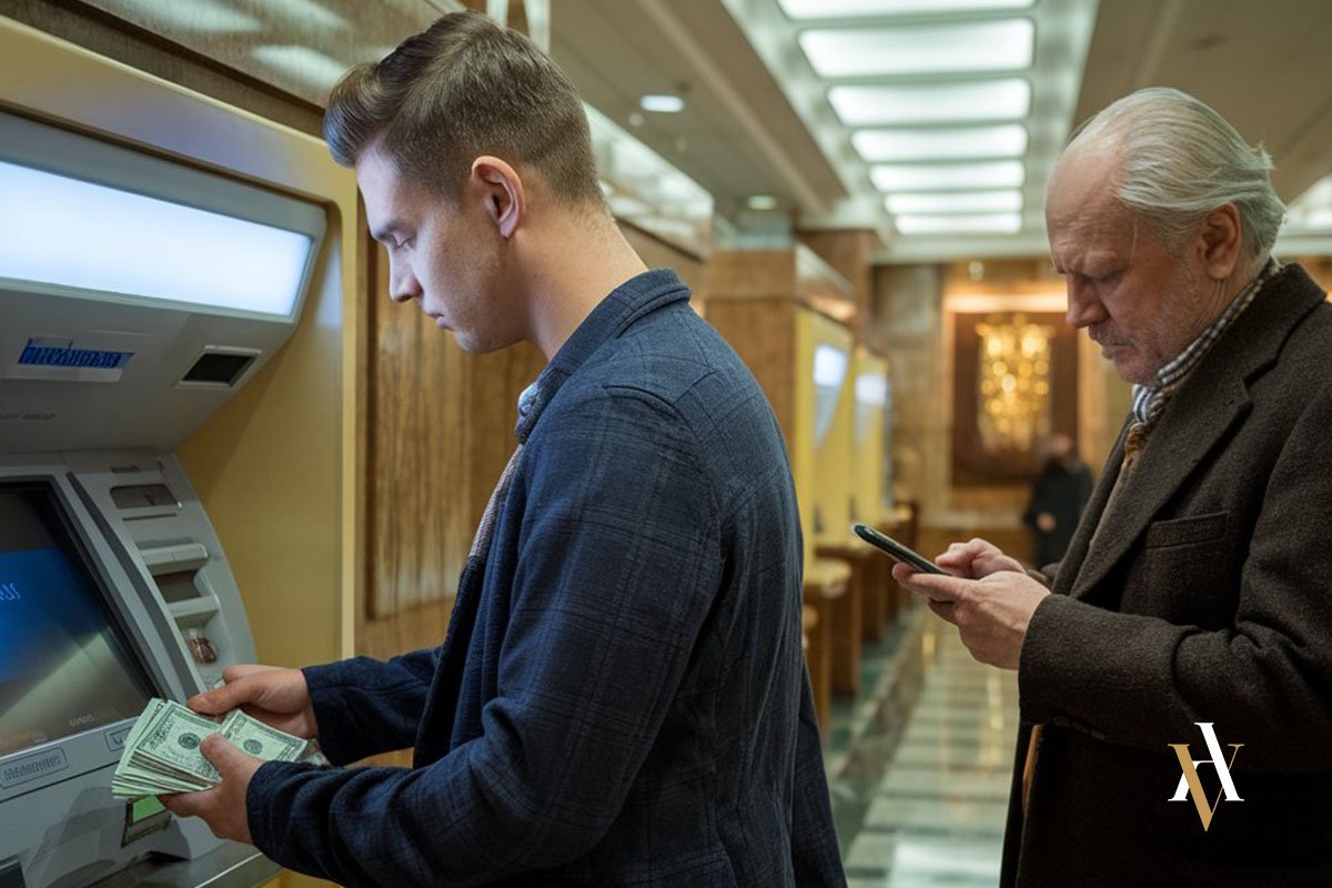 Excusa absolutoria de parentesco en casos de apropiación indebida de dinero Joven retirando dinero en efectivo de un cajero automático mientras un hombre mayor observa preocupado su teléfono móvil en un banco. Representación de un posible delito de apropiación indebida dentro de la familia. Consulta con un abogado experto en apropiación indebida y delitos patrimoniales para conocer tus derechos.