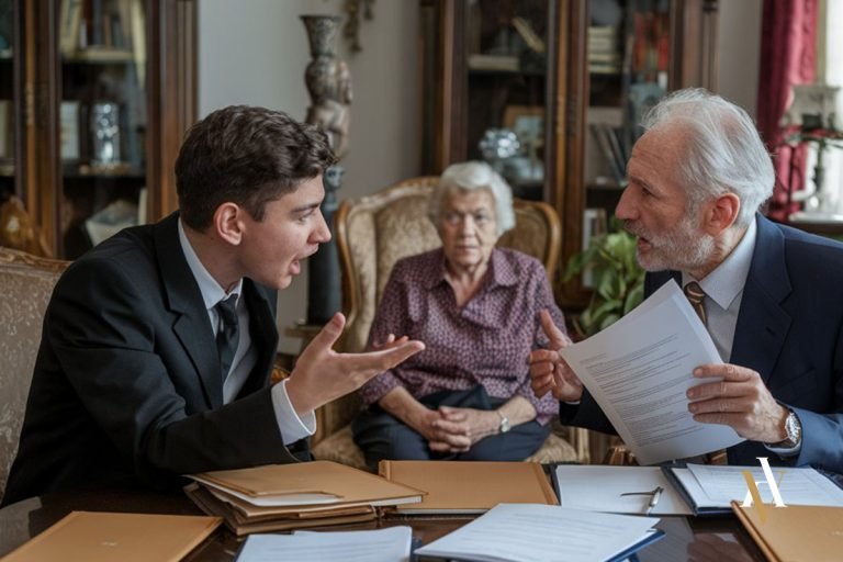 Dos hombres discuten airadamente sobre documentos legales en una sala con muebles clásicos, mientras una anciana preocupada los observa. Representación de un conflicto familiar por la repartición de bienes en una herencia, un caso donde la excusa absolutoria de parentesco podría aplicarse. Un abogado de apropiación indebida puede asesorar en estos procesos.