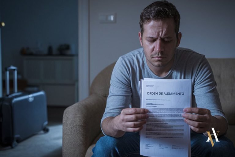 Hombre angustiado revisando una orden de alejamiento en su domicilio tras recibir la notificación oficial, con una maleta al fondo.