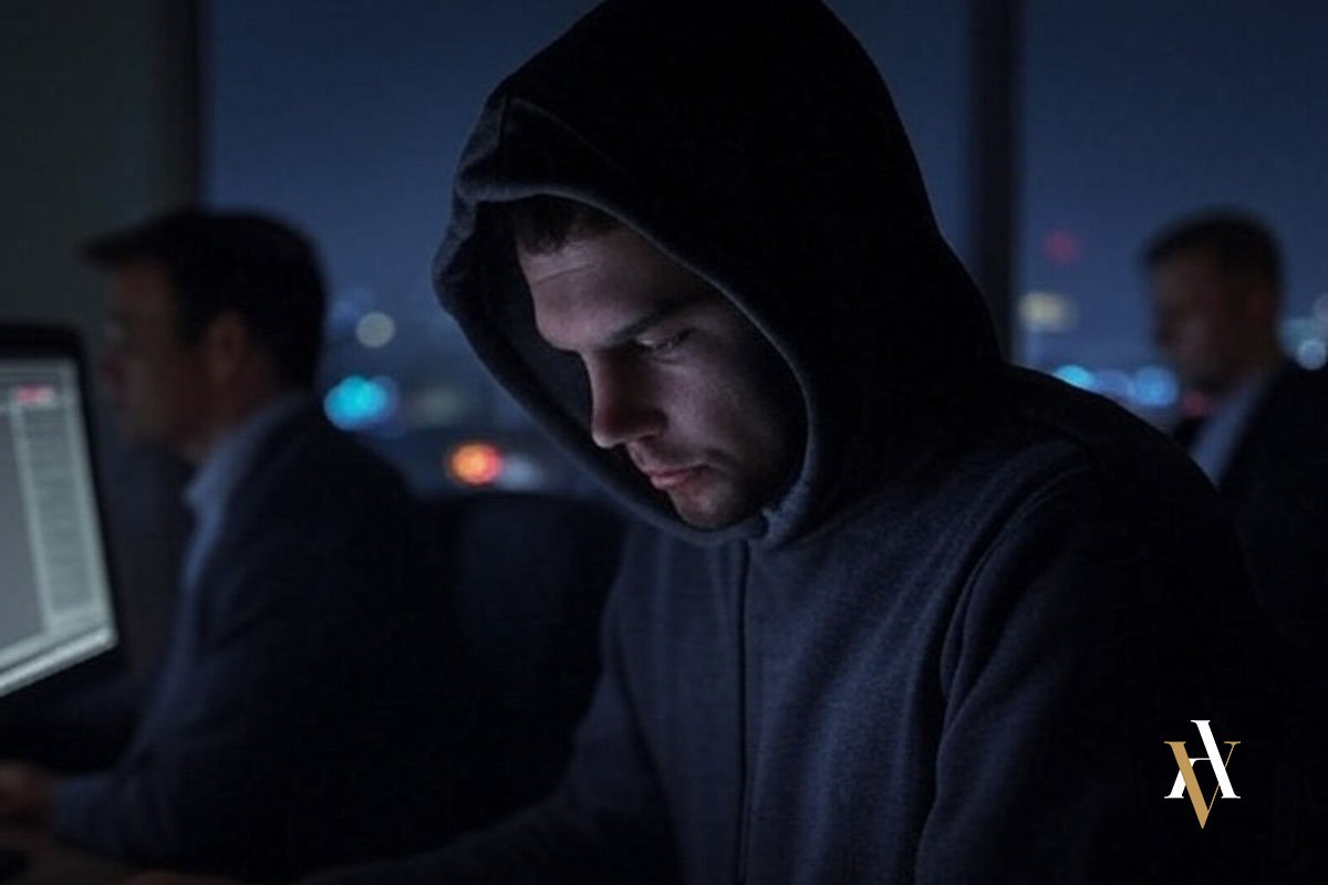 Cibercriminal detrás de un ataque %22Man in the Middle%22 Hombre con sudadera con capucha trabajando en la oscuridad frente a un ordenador, simbolizando a un hacker que ejecuta un ataque de interceptación de datos.