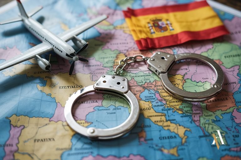 Mapa de Europa con avión, esposas y bandera de España representando los recursos en el procedimiento de extradición