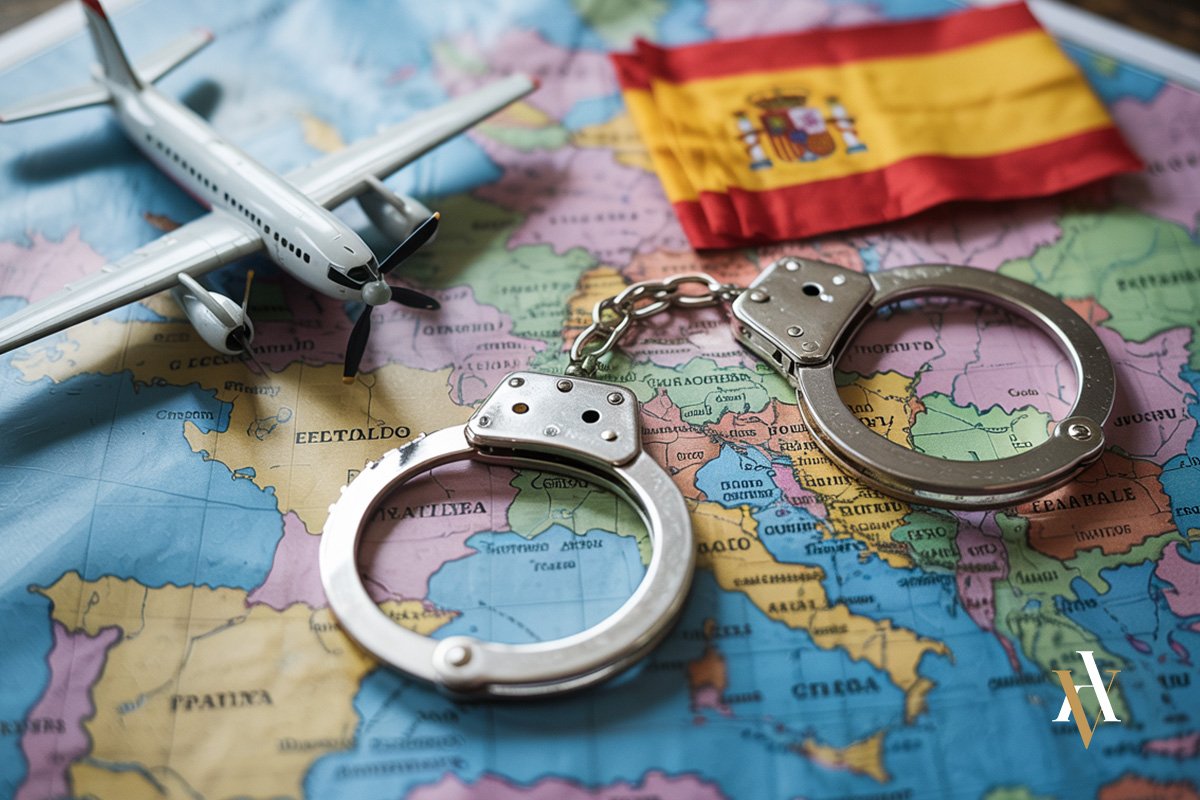 Mapa de Europa con avión, esposas y bandera de España representando los recursos en el procedimiento de extradición