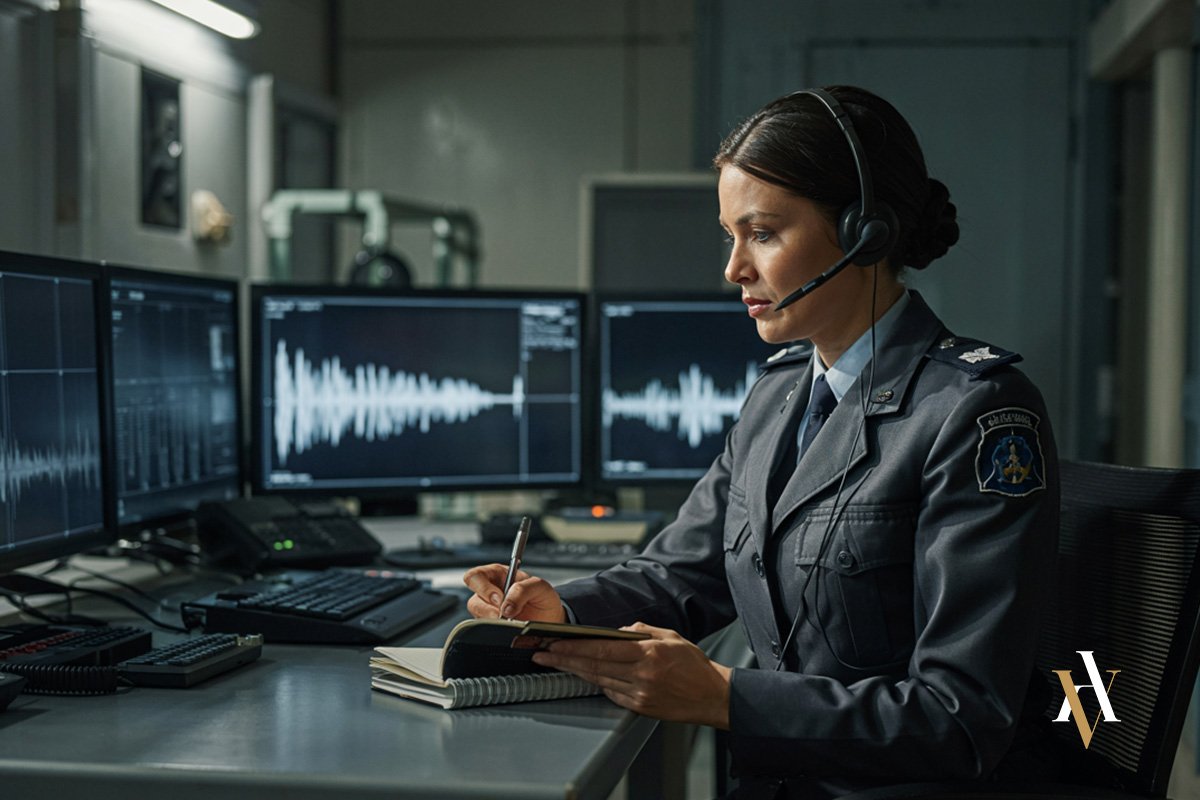 Policia analizando las escuchas telefónicas intervenidas