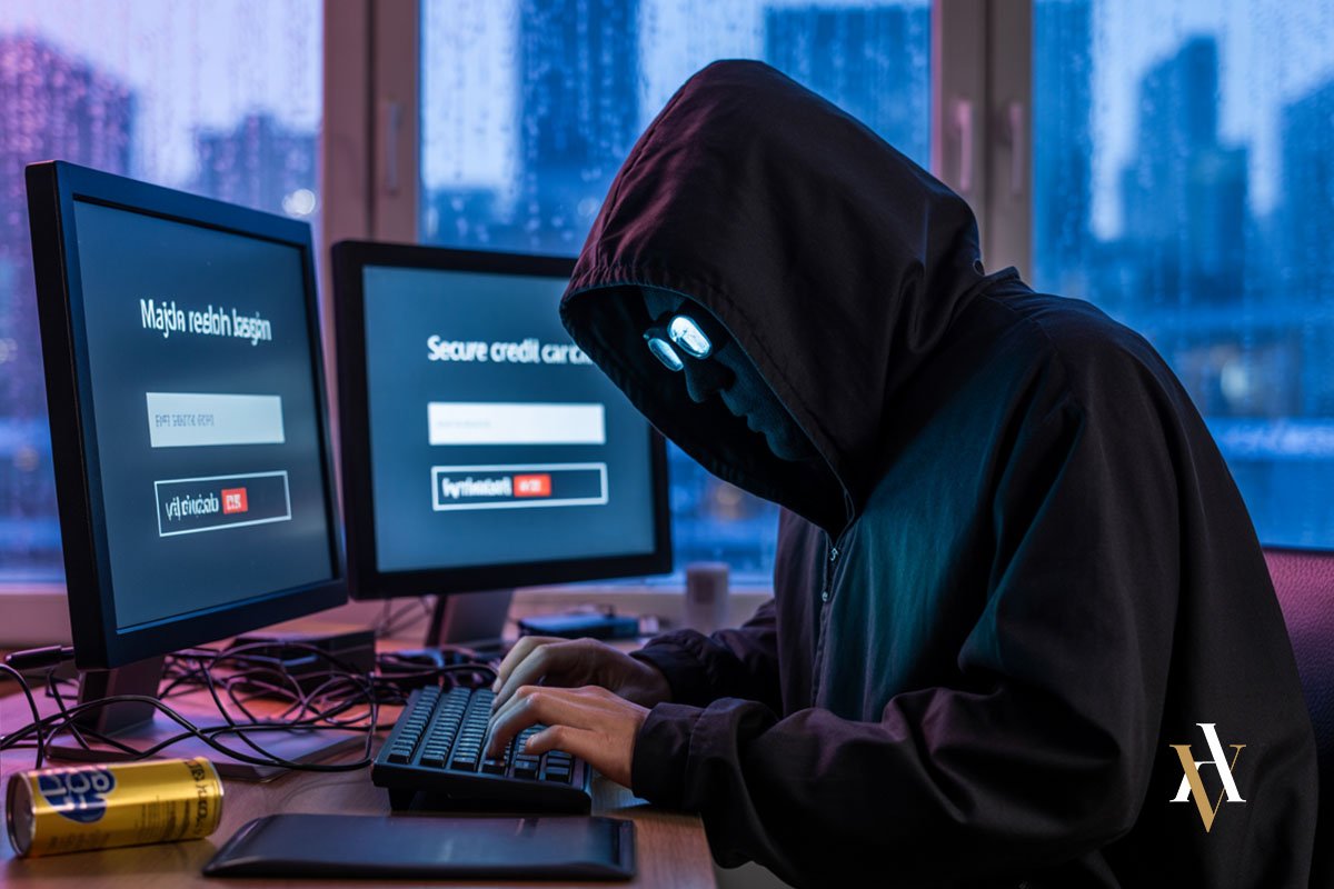 Hacker phishing en entorno oscuro Persona encapuchada simulando a un ciberdelincuente operando frente a varios ordenadores con páginas falsas, representando un ataque de phishing dirigido a una víctima.