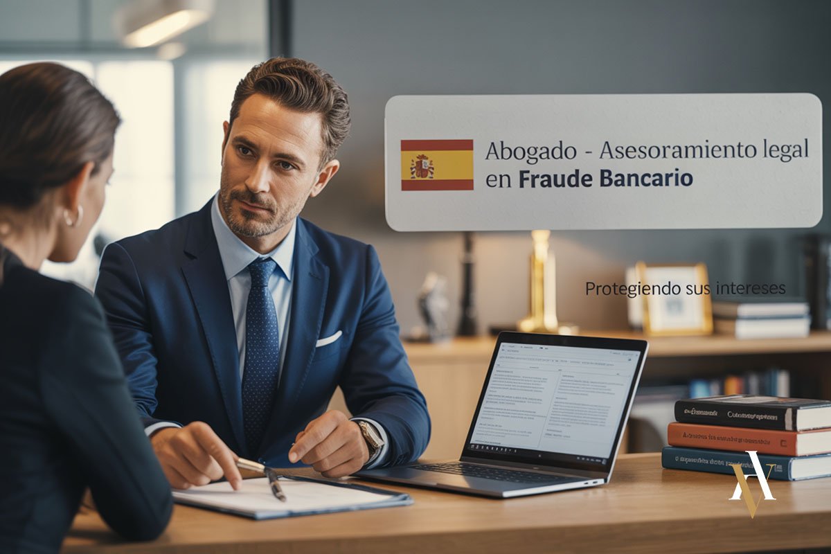 Abogado asesorando a cliente victima de phishing Abogado experto en fraude bancario atendiendo a una víctima de phishing, ofreciendo asesoramiento legal para recuperar su dinero.
