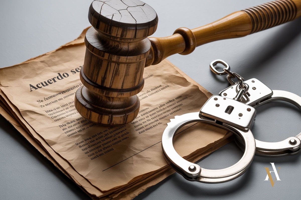 Imagen conceptual que muestra un mazo judicial sobre un documento arrugado titulado “Acuerdo sexual”, acompañado de unas esposas. Representa la invalidez jurídica de los pactos sexuales y la intervención del Derecho penal en delitos contra la libertad sexual.