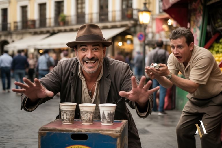 Trileros actuando en una plaza pública como ejemplo práctico del deber de autotutela de la víctima en el delito de estafa según la jurisprudencia española.
