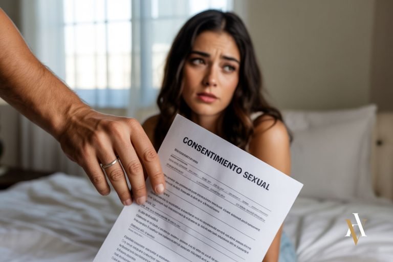 Fotografía realista de un hombre entregando un formulario titulado “Consentimiento sexual” a una mujer que muestra incomodidad. Ilustra la falta de validez legal de los contratos previos en materia sexual según la jurisprudencia penal española.