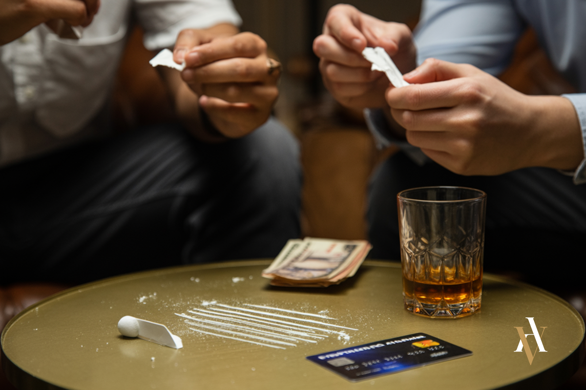 Dos personas consumiendo cocaína en un entorno cerrado, con líneas de polvo blanco, dinero en efectivo y bebida alcohólica sobre una mesa, ilustrando el concepto de consumo compartido de drogas.