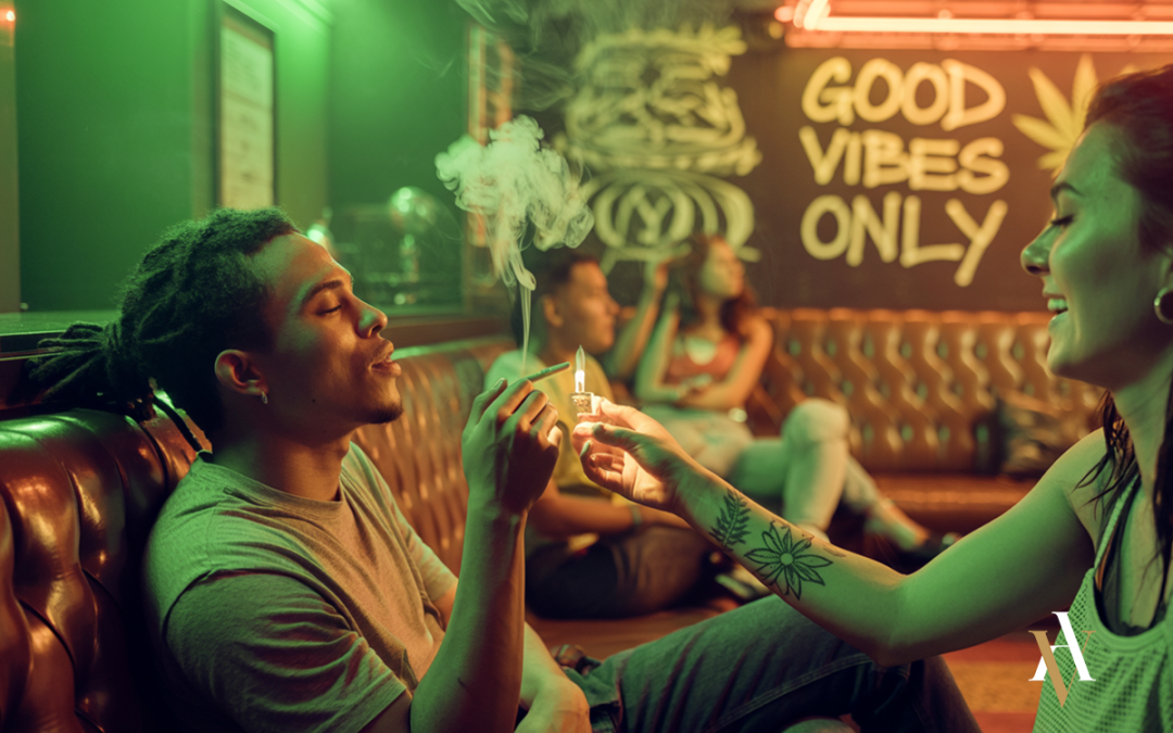 óvenes consumiendo marihuana en el interior de un club con iluminación verde, decoración moderna y ambiente distendido, ilustrando una escena de consumo compartido de cannabis.