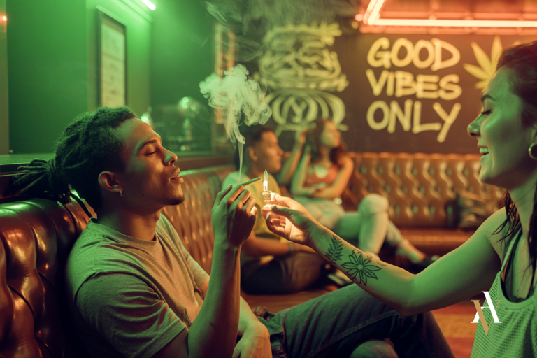óvenes consumiendo marihuana en el interior de un club con iluminación verde, decoración moderna y ambiente distendido, ilustrando una escena de consumo compartido de cannabis.