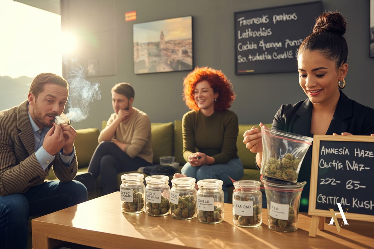 Miembros de una asociación cannábica en un local cerrado, compartiendo cannabis entre amigos, con frascos etiquetados y ambiente relajado, reflejando el consumo compartido sin ánimo de lucro.