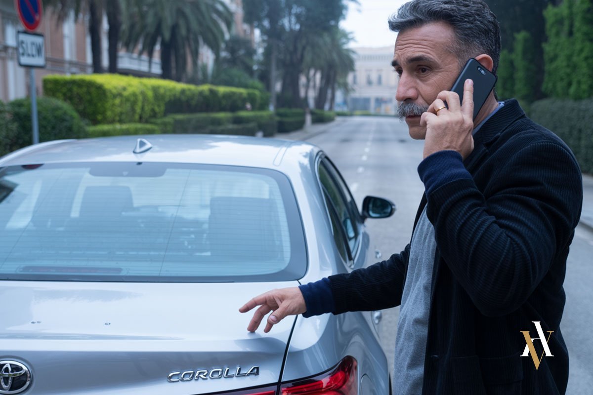 Imagen del hombre junto al coche hablando por teléfono Hombre simulando un accidente de tráfico mientras habla por teléfono, posible caso de simulación de delito para engañar al seguro