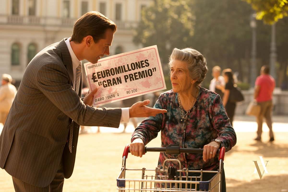 Hombre intenta convencer a una anciana con un falso premio de Euromillones, ilustrando el deber de autotutela de la víctima en el delito de estafa.