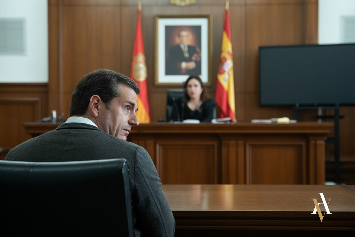 Fotografía de un juicio en un tribunal español. Un hombre procesado por un delito de exhibicionismo y provocación sexual escucha a la magistrada, en una sala solemne con banderas oficiales y retrato institucional.