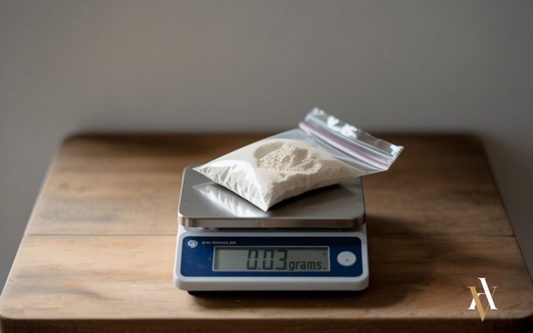 Bolsa con 0,03 gramos de polvo blanco sobre una balanza digital, ejemplo claro para que un abogado tráfico de drogas argumente la falta de tipicidad penal