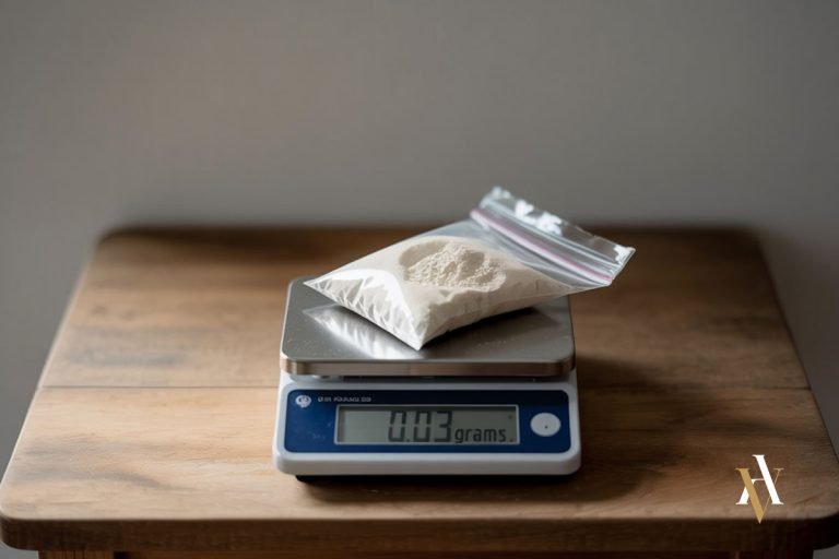 Bolsa con 0,03 gramos de polvo blanco sobre una balanza digital, ejemplo claro para que un abogado tráfico de drogas argumente la falta de tipicidad penal
