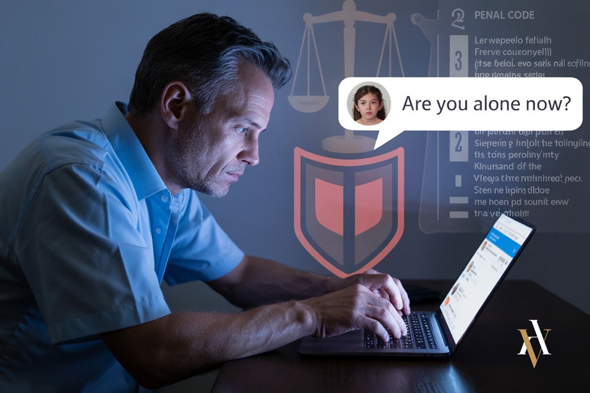 Hombre adulto frente a un ordenador con contenido sospechoso y la imagen de una menor, en un contexto de acoso digital. Fotografía simbólica de un caso de corrupción de menores en el entorno online. Tambien conocido como grooming