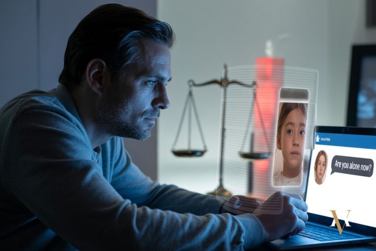 Hombre adulto frente a un ordenador con contenido sospechoso y la imagen de una menor, en un contexto de acoso digital. Fotografía simbólica de un caso de corrupción de menores en el entorno online.