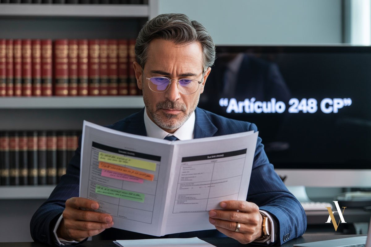 Abogado especialista en estafas analizando documentos legales frente a una pantalla con el artículo 248 CP, en un contexto de estafa por omisión.