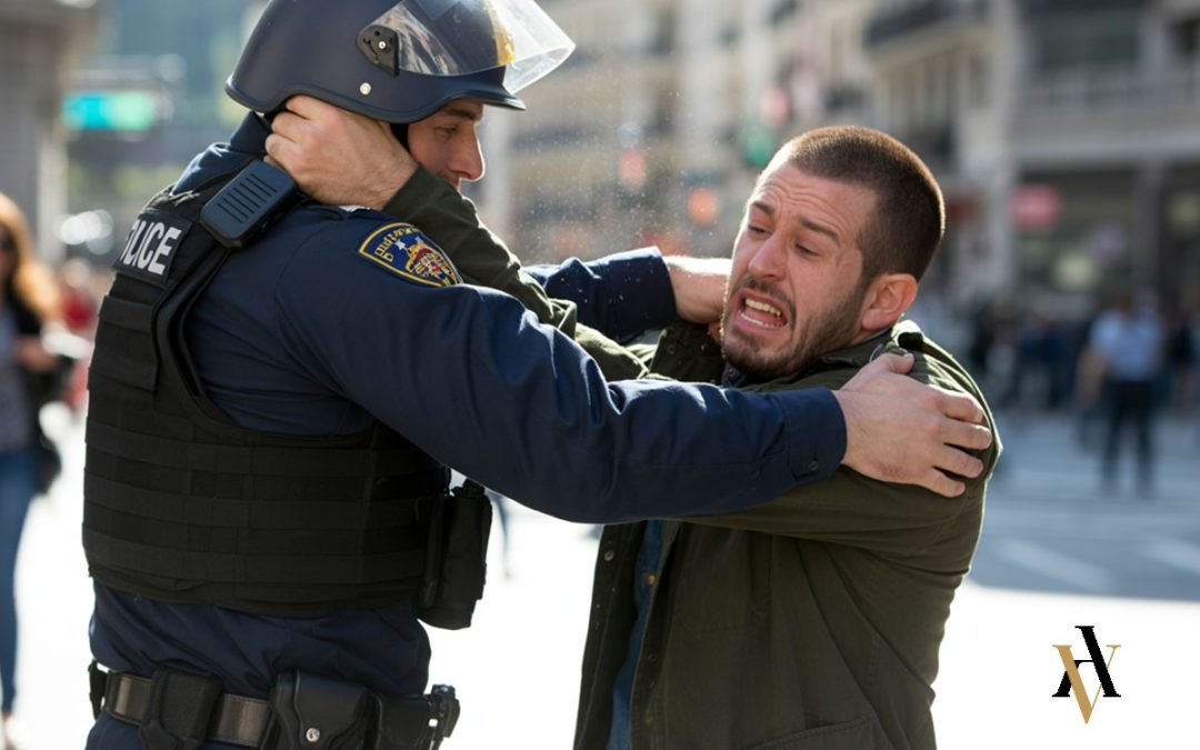 Agresión física a un policía uniformado durante un operativo en vía pública, ilustrando el delito de atentado contra la autoridad.