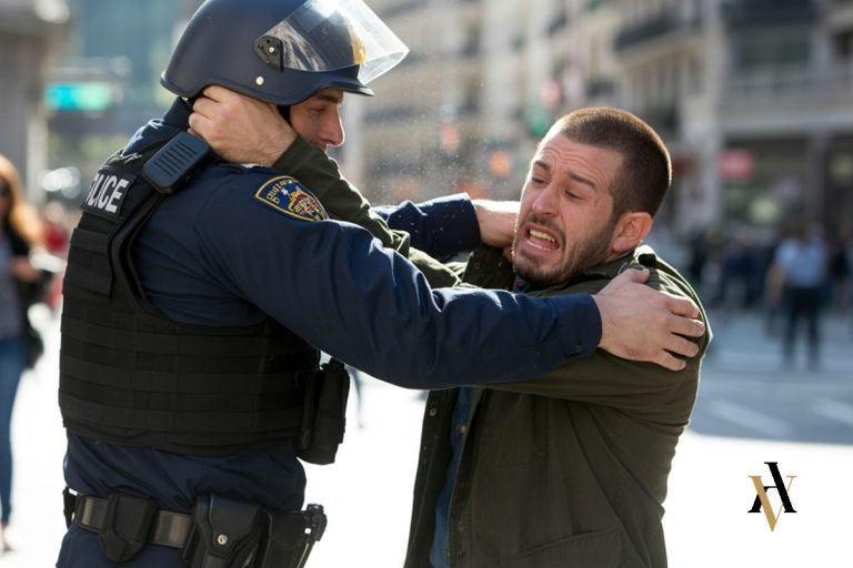 Agresión física a un policía uniformado durante un operativo en vía pública, ilustrando el delito de atentado contra la autoridad.