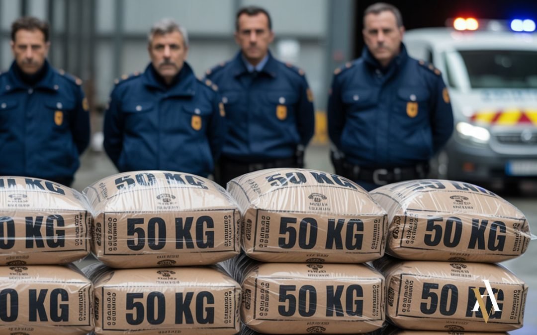 Varios agentes de policía posan junto a paquetes etiquetados de 50 kg tras una operación antidroga, representando un caso de tráfico de drogas de notoria importancia.