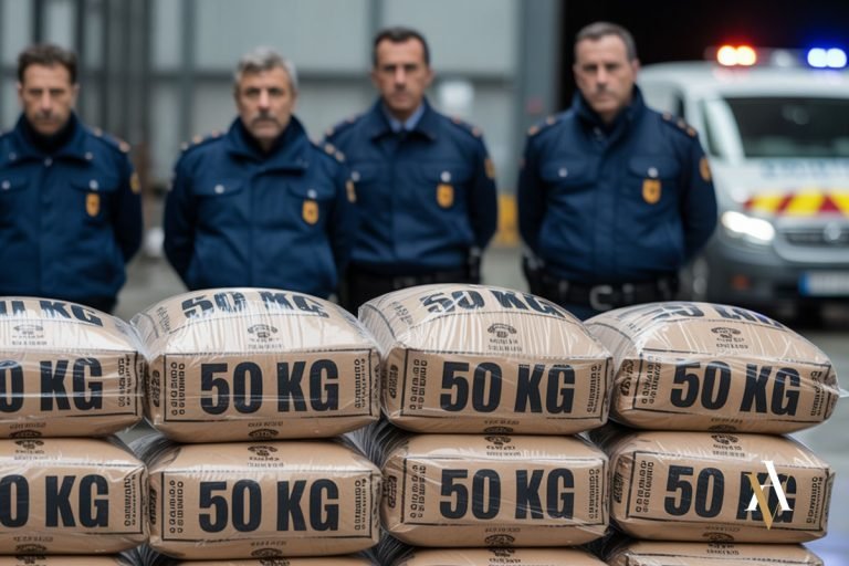 Varios agentes de policía posan junto a paquetes etiquetados de 50 kg tras una operación antidroga, representando un caso de tráfico de drogas de notoria importancia.