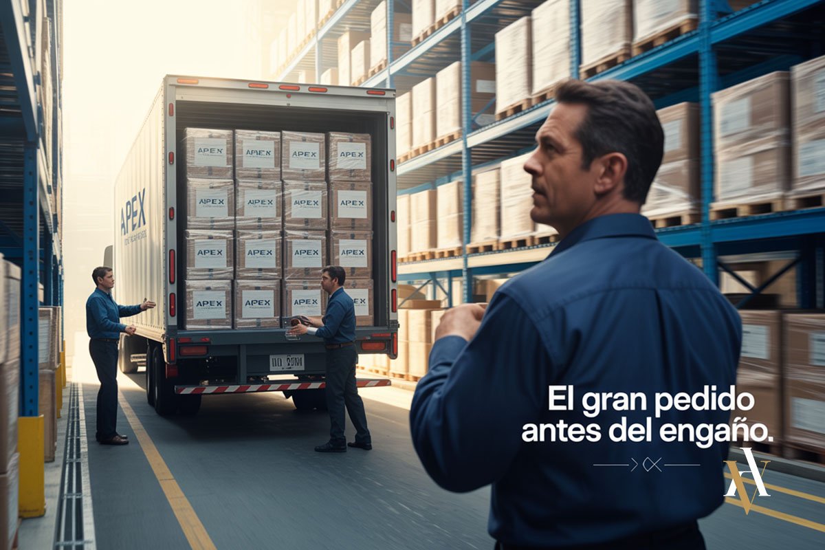 Carga de mercancía en camión con la frase %22El gran pedido antes del engaño%22 Empleados cargando un camión con mercancía en un gran pedido comercial, una escena típica antes de consumarse el timo del nazareno.