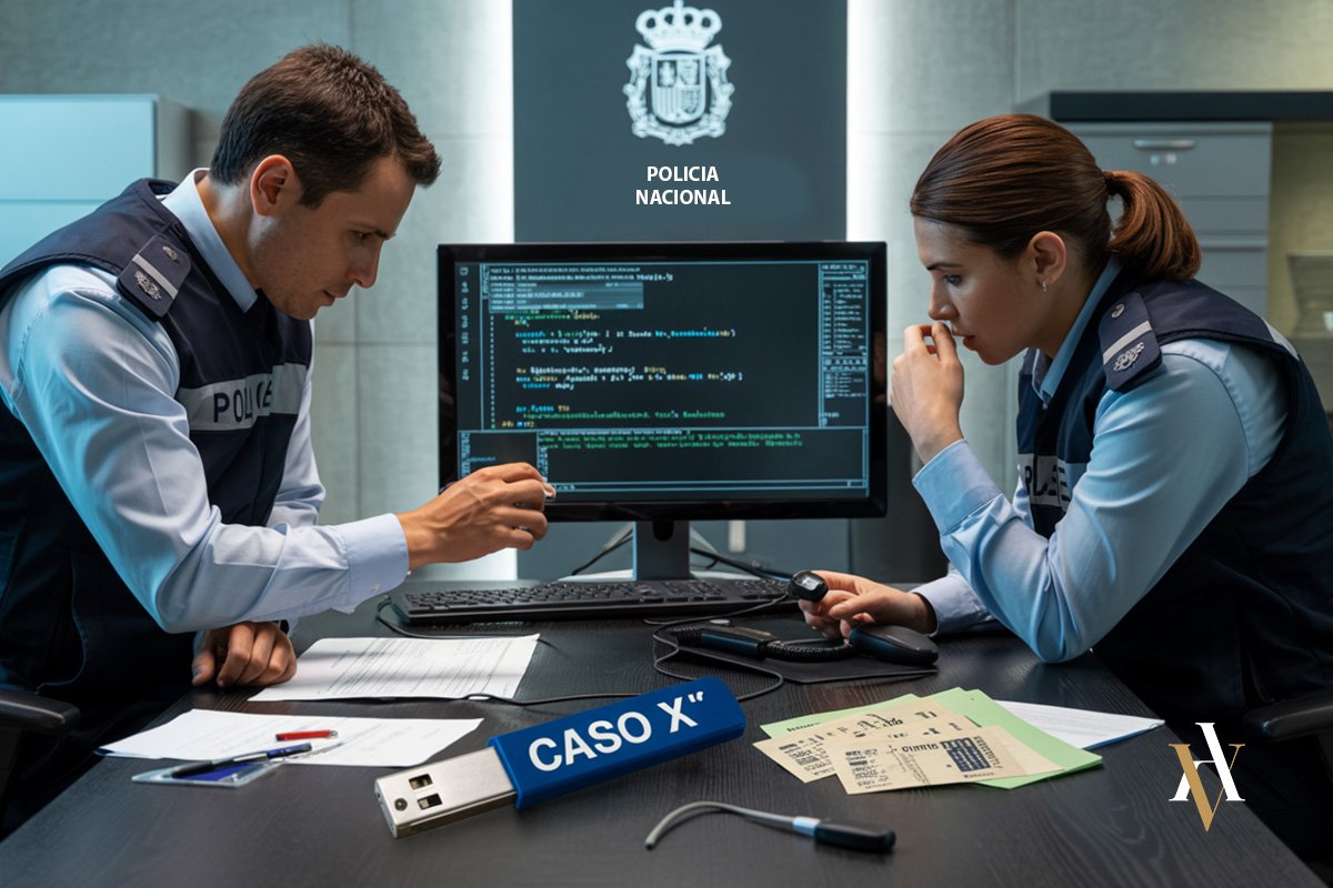 Agentes de la Policía Nacional de España analizan pruebas digitales en una investigación policial penal relacionada con delitos informáticos, con documentación y dispositivos electrónicos sobre la mesa.