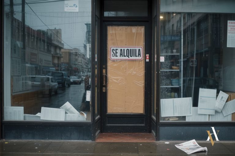 Fachada de un local comercial abandonado con cartel de “se alquila”, representando el cierre repentino típico del timo del nazareno.