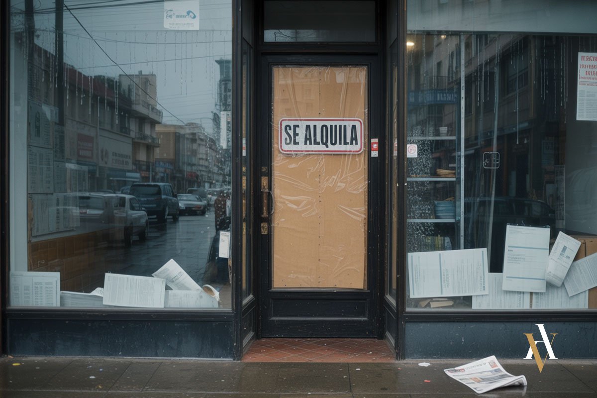 Fachada de un local comercial abandonado con cartel de “se alquila”, representando el cierre repentino típico del timo del nazareno.