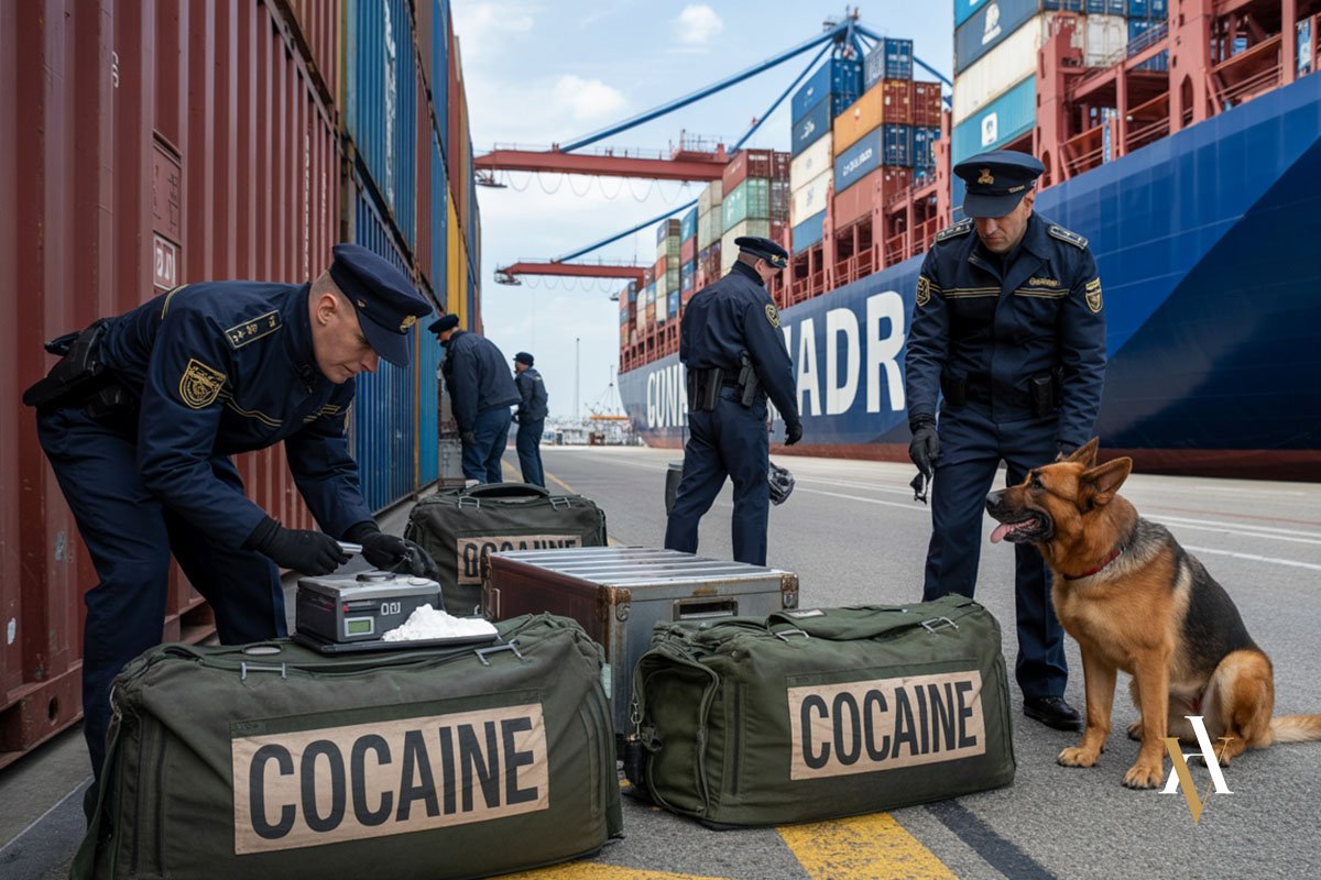 Policía y unidad canina inspeccionan contenedores y maletas con cocaína incautada en un puerto, reflejando la gravedad del tráfico internacional de estupefacientes.