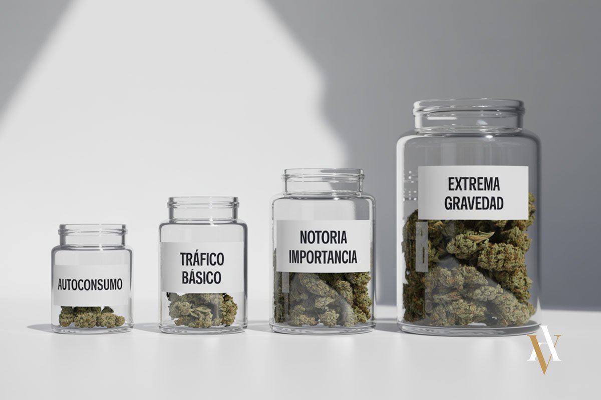 Tarros con marihuana muestran distintas cantidades asociadas a las categorías penales: autoconsumo, tráfico básico, notoria importancia y extrema gravedad.