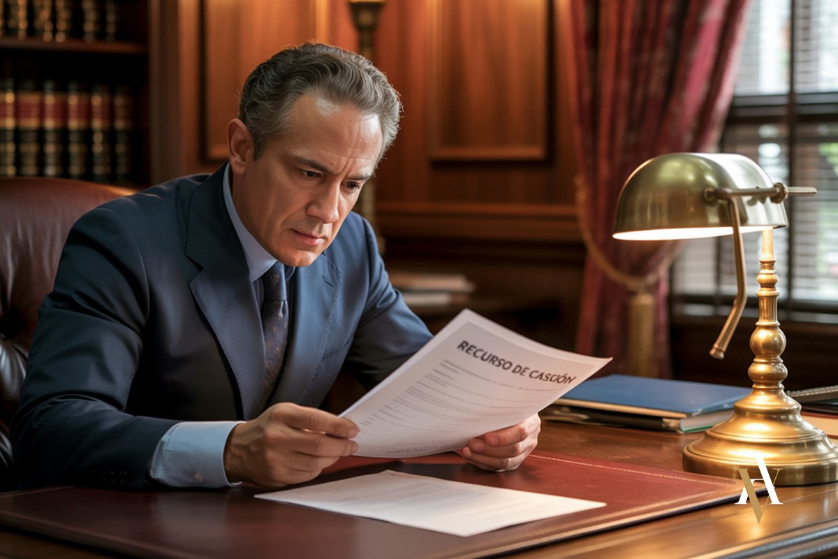 Abogado revisando documento en su despacho: Abogado penalista examinando un recurso de casación en su despacho, concentrado en argumentar el interés casacional ante el Tribunal Supremo.