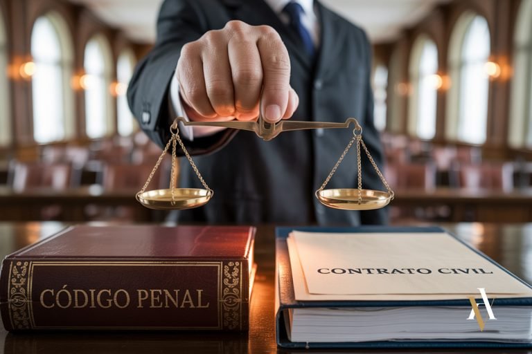 Balanza de la justicia entre el Código Penal y un contrato civil, ilustrando los límites del delito de apropiarse indebidamente según el Derecho español.