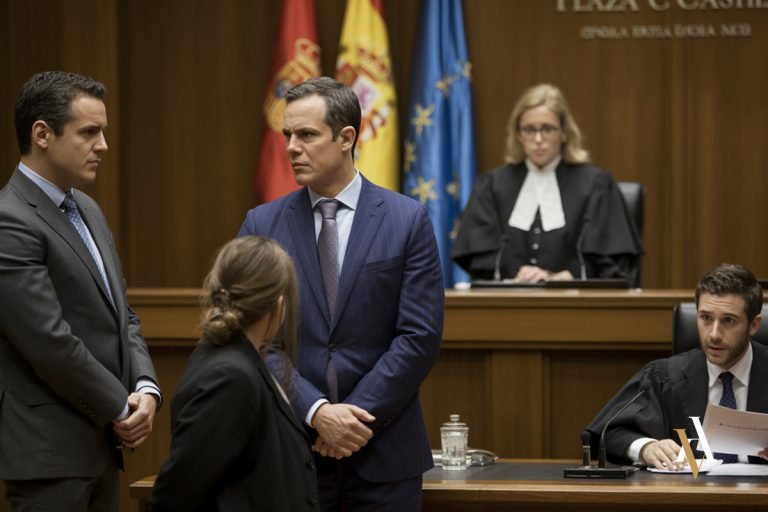 Tensa escena en sala de juicio penal por delito de agresión sexual, con abogados, jueza y partes procesales y sentencia condenatoria por agresión sexual